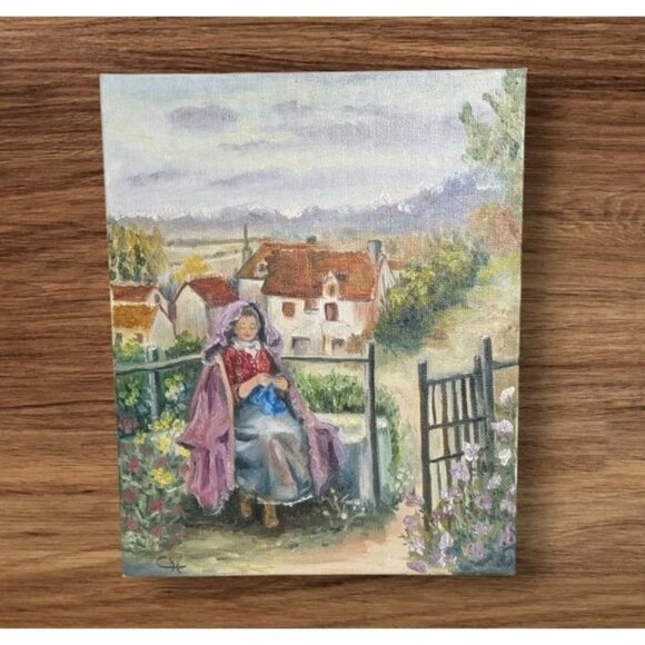 Oil Painting Woman In Countryside Signed Student Artist 8 X 10 Garden Village - Picture 1 of 16